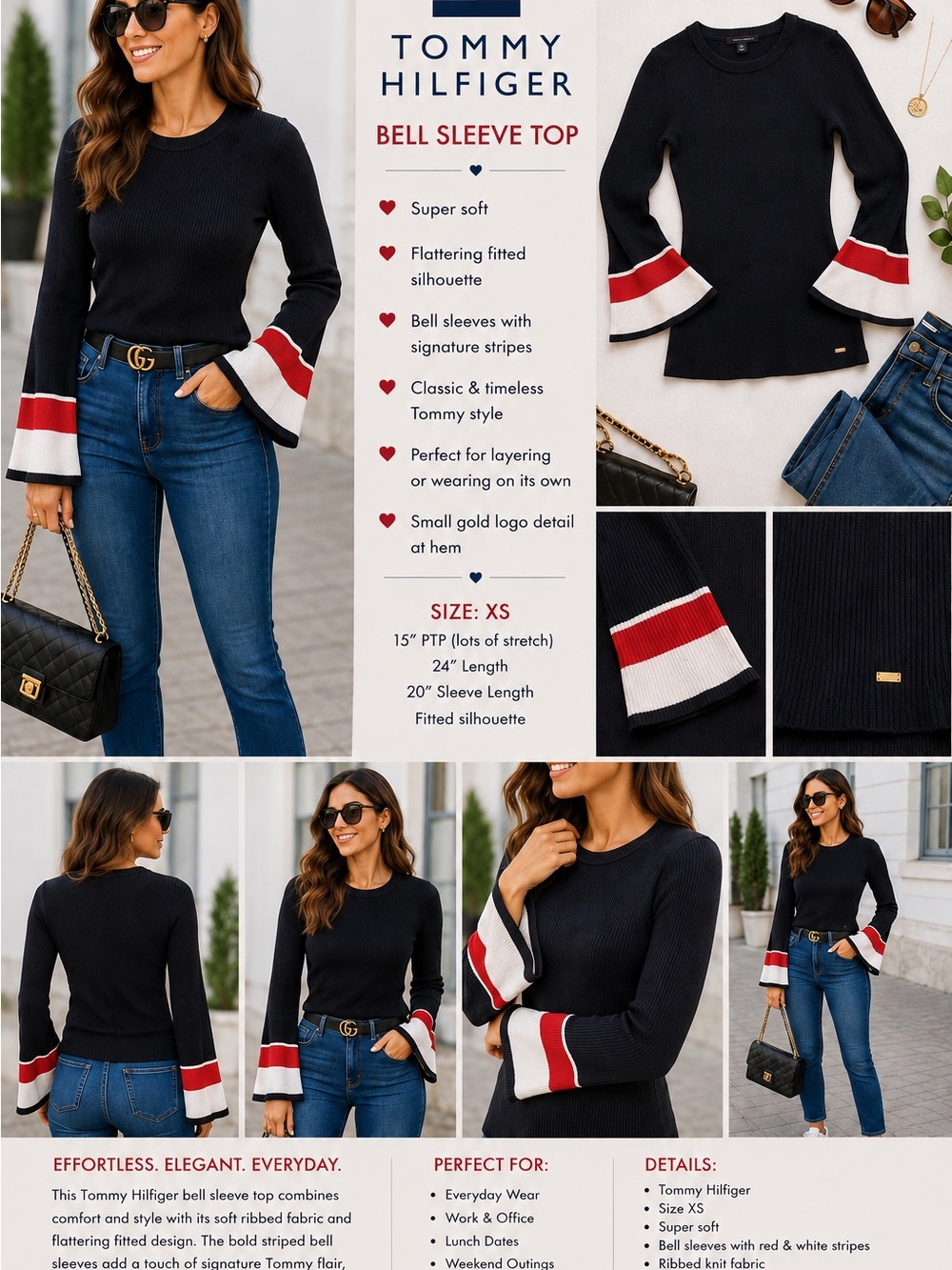 Tommy Hilfiger Black Ribbed Top with Red Stripe Accent